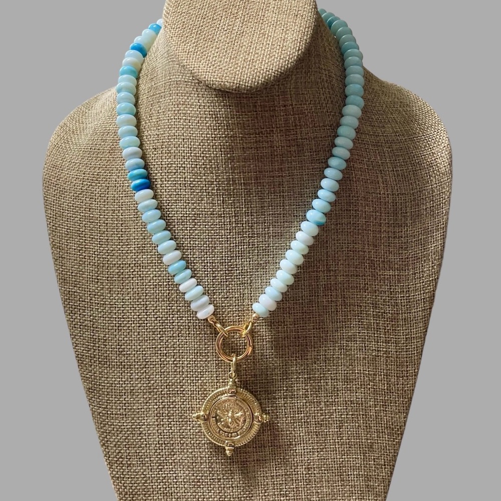 The Skylar: Sky blue Opals Gold filled circle clasp French replica bee medallion